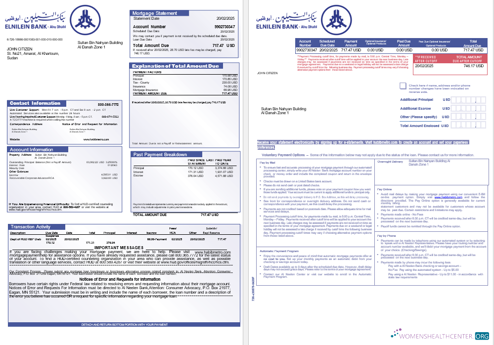 Download Sudanese Al Neelen Bank mortgage statement in Word and PDF formats, 3 pages 1 2 Photoshop template